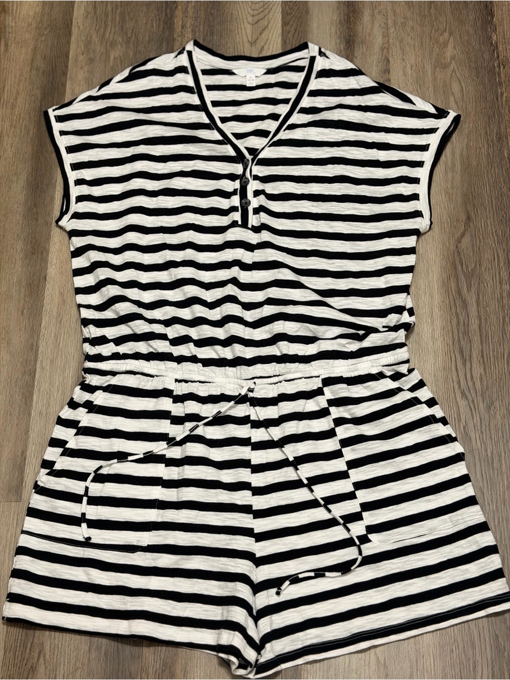 Time and Tru Black & White Striped Henley Romper with Drawstring